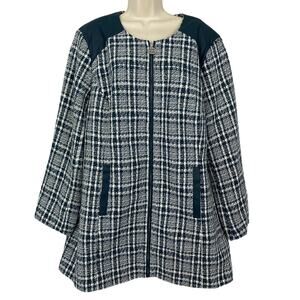 Dennis Basso Jacket Womens 26W Blue White Tweed Faux Leather Trim Metallic Coat